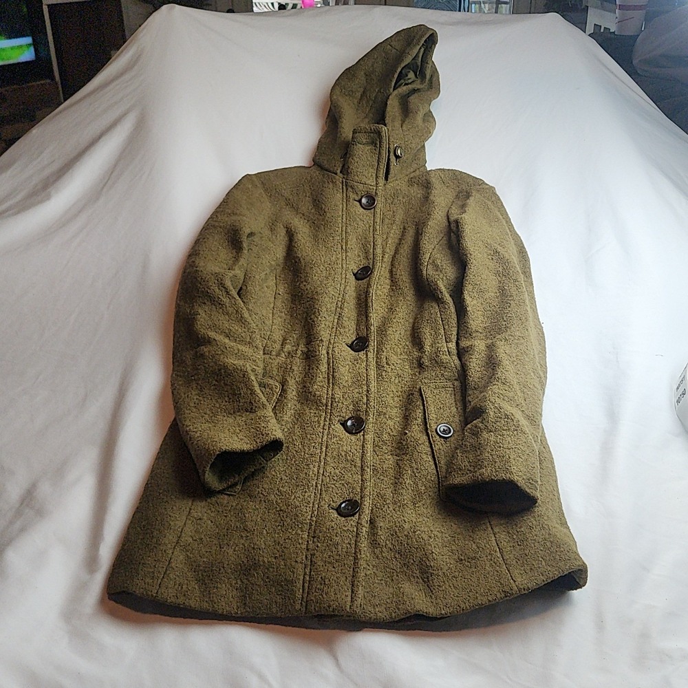 Lands' End Hooded Button-Front Wool Blend Coat Olive Green Women's Size 4 Petite